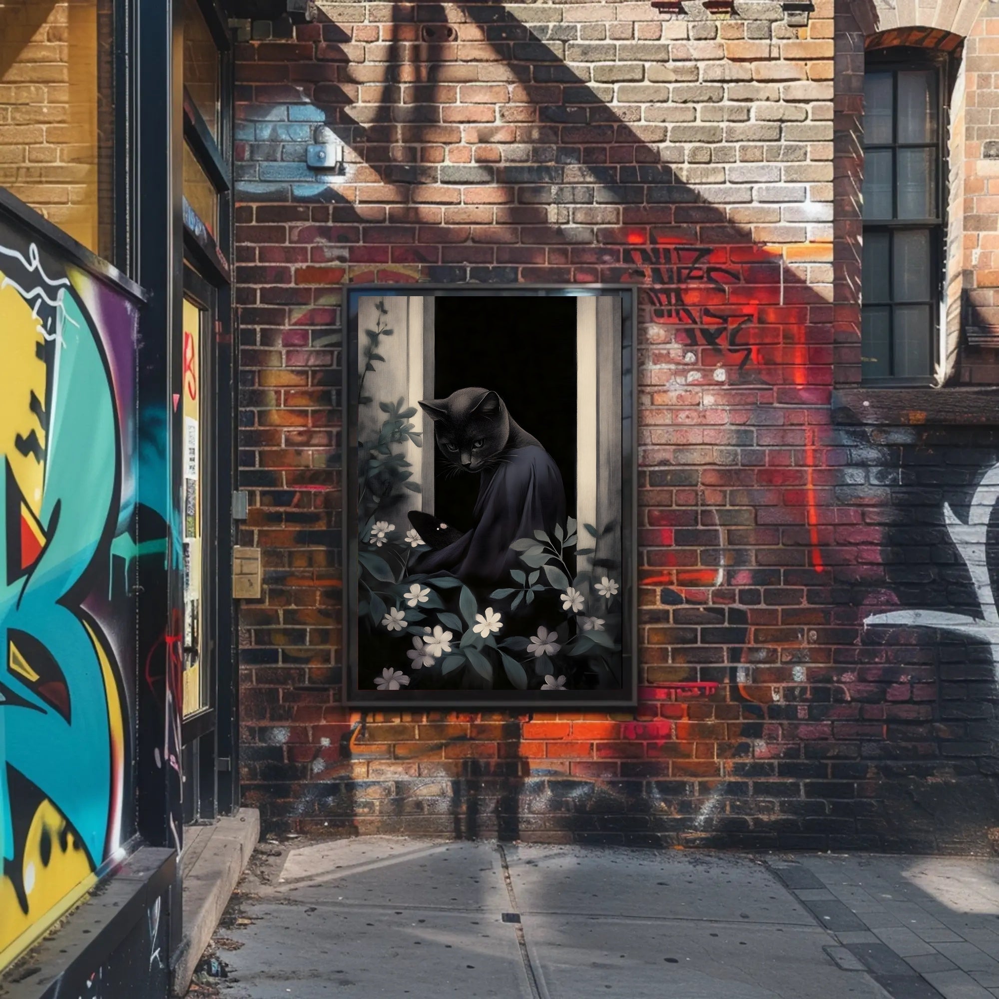 Mysterious Black Cat Window Nightscape Animal Poster PosterGoat