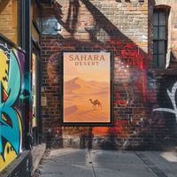 Sahara Desert Exploration Travel Retro Eighties Art Deco Camel Silhouette Golden Dunes Nostalgic Decor Poster