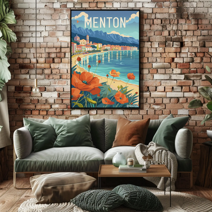 Menton France Beachfront Flowers Coastal Village Scene Travel Poster