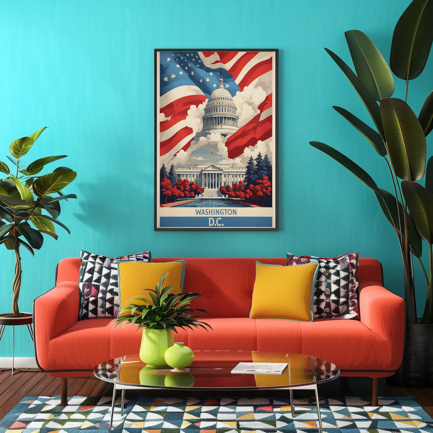 Washington D.C. Capitol American Flag Clouds Vintage Travel Poster