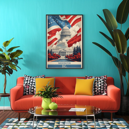Washington D.C. Capitol American Flag Clouds Vintage Travel Poster