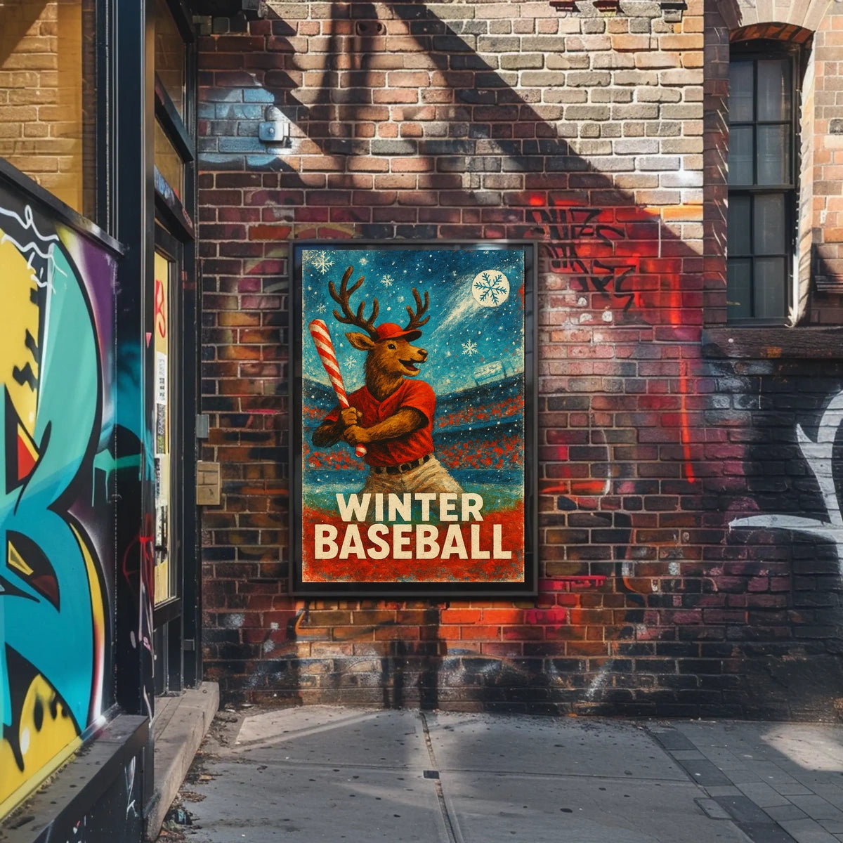 Winter Baseball Deer Poster: Festive Sports Art