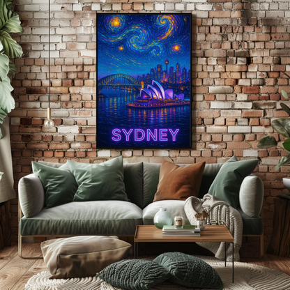 Sydney Harbor Opera House Neon Starry Night Travel Poster
