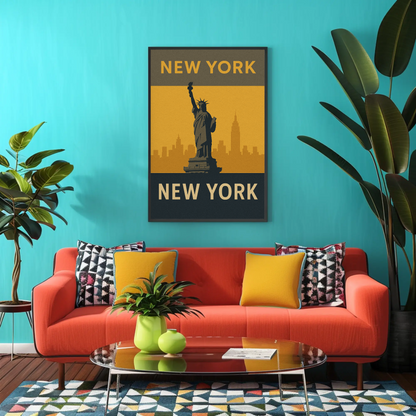New York City Statue Skyline Yellow Vintage Travel Poster