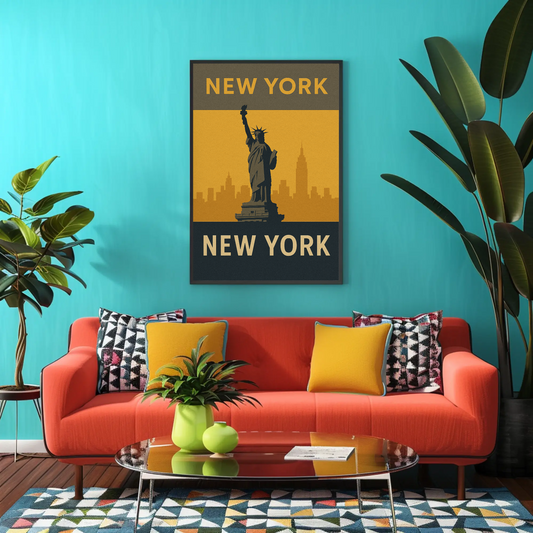 New York City Statue Skyline Yellow Vintage Travel Poster