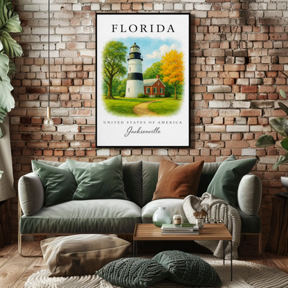Jacksonville Florida Lighthouse Cottage Autumn Trees Travel Poster