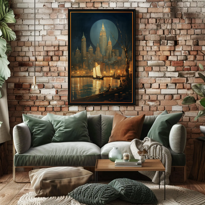 New York City Night Lights and Boat Travel Poster