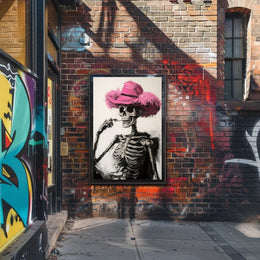 Skeleton in Pink Hat Macabre Whimsical Painterly Poster