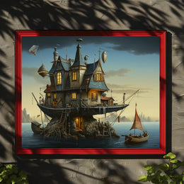 Whimsical Houseboat at Dusk in Fantasy Poster