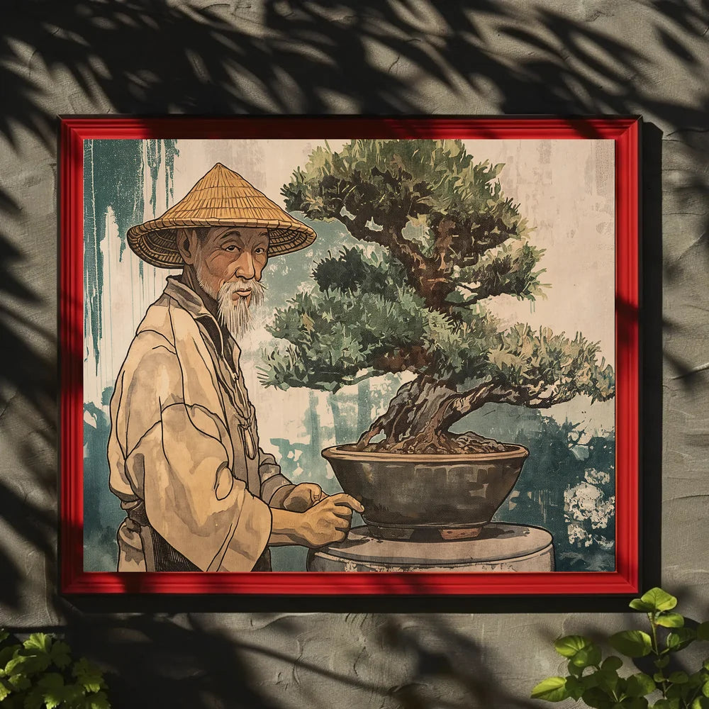 Elderly Man Bonsai Art Poster Vintage Style