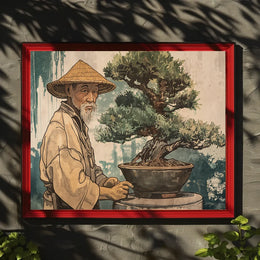 Elderly Man Bonsai Art Poster Vintage Style