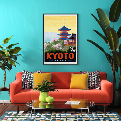 Kyoto Japan Pagoda Cherry Blossoms Temple Scene Vintage Travel Poster