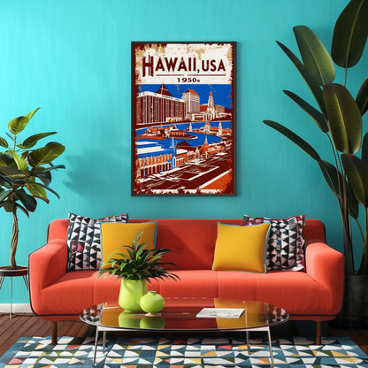 Hawaii USA 1950s Island Life Vintage Maroon Travel Poster
