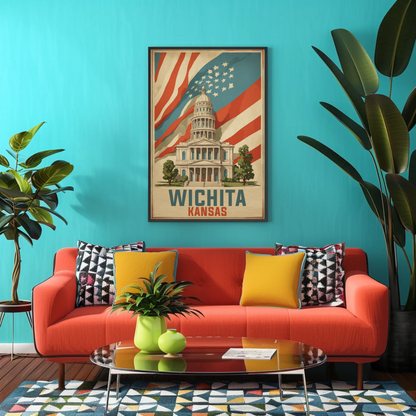 Wichita Kansas State Capitol And Flag Vintage Travel Poster