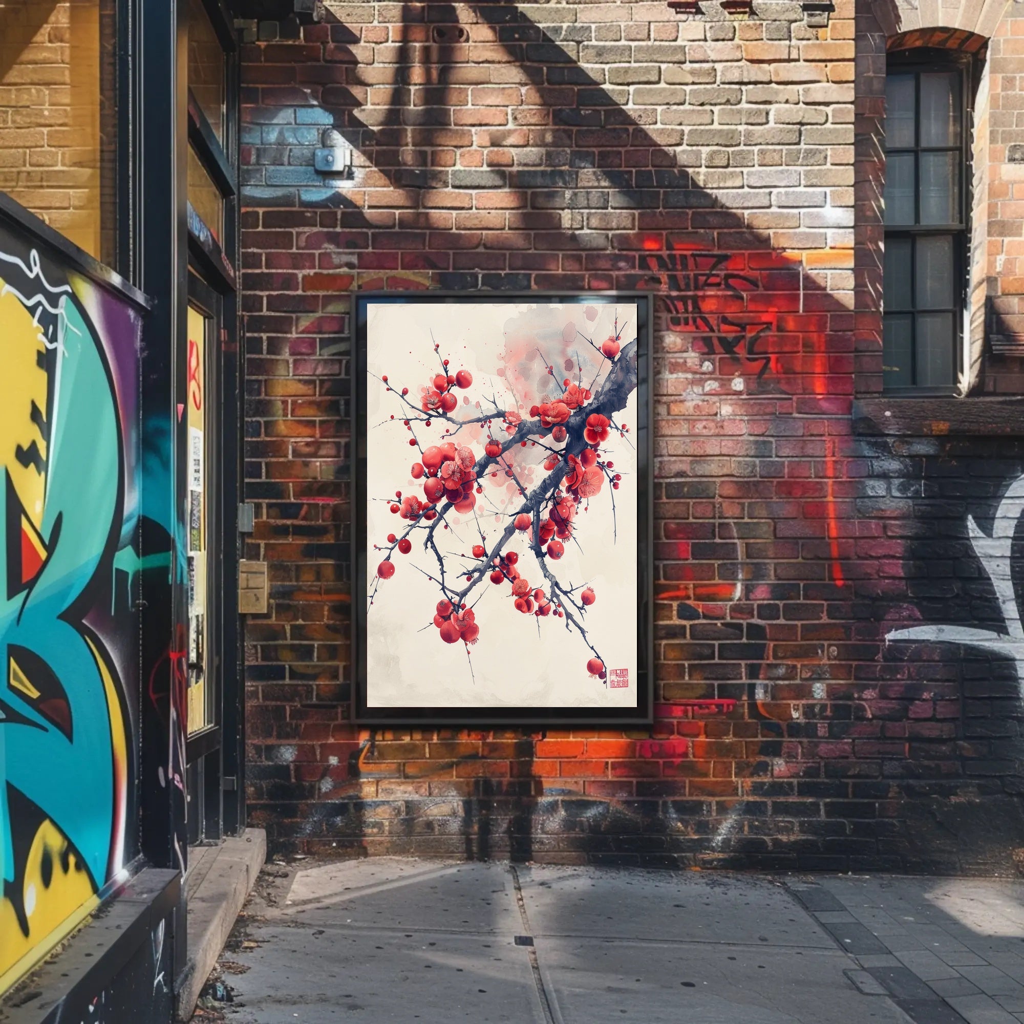 Elegant Red Plum Blossoms Artistic Poster PosterGoat