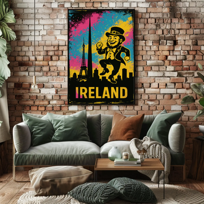 Ireland Dancing Leprechaun Retro Skyline Poster