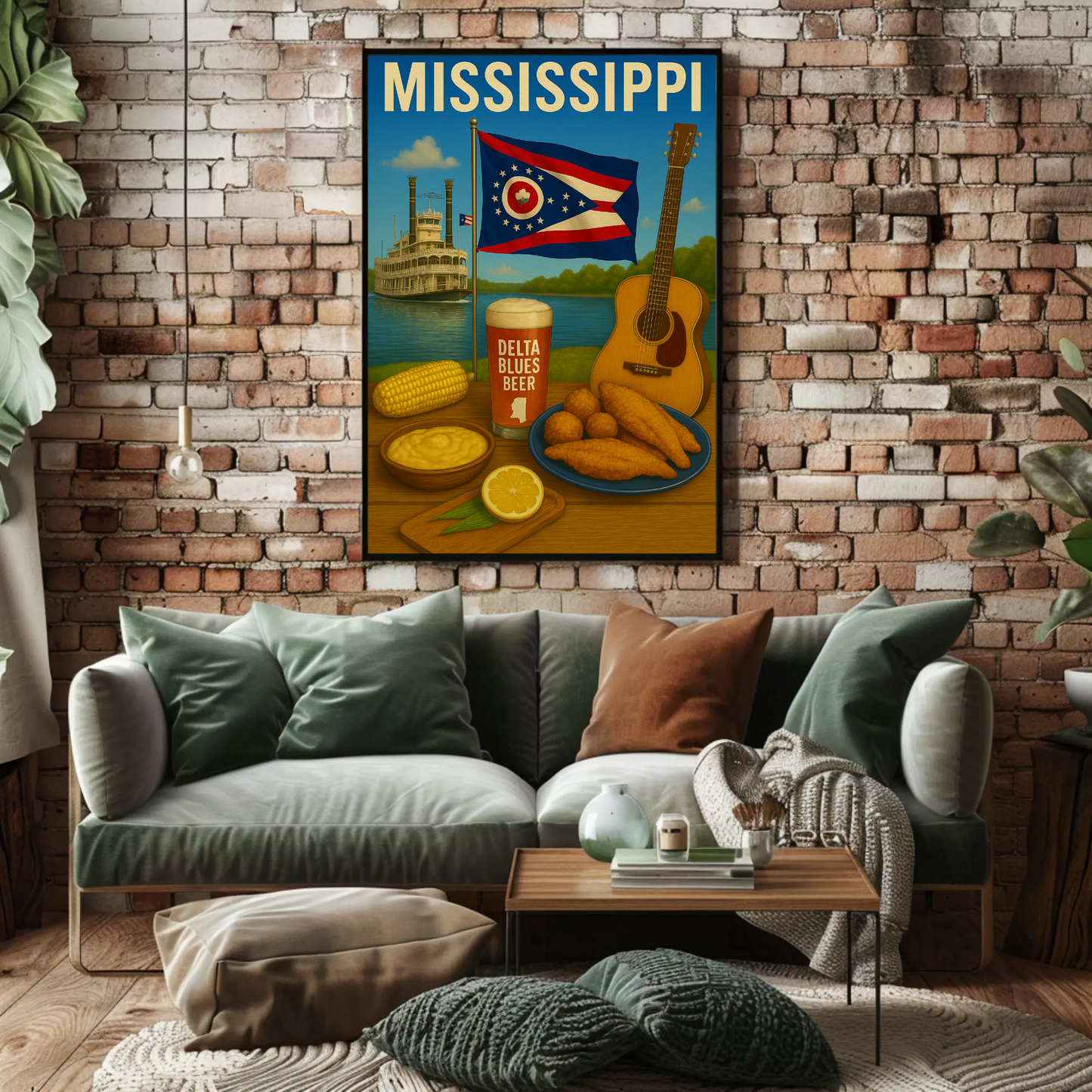 Mississippi River Guitar Beer Catfish Corn Flag Travel Poster