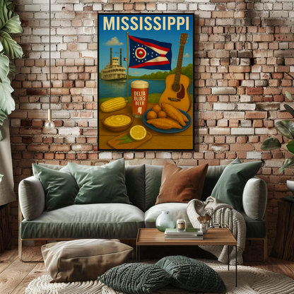 Mississippi River Guitar Beer Catfish Corn Flag Travel Poster