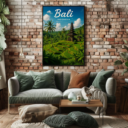 Bali Indonesia Rice Fields Temple Travel Poster