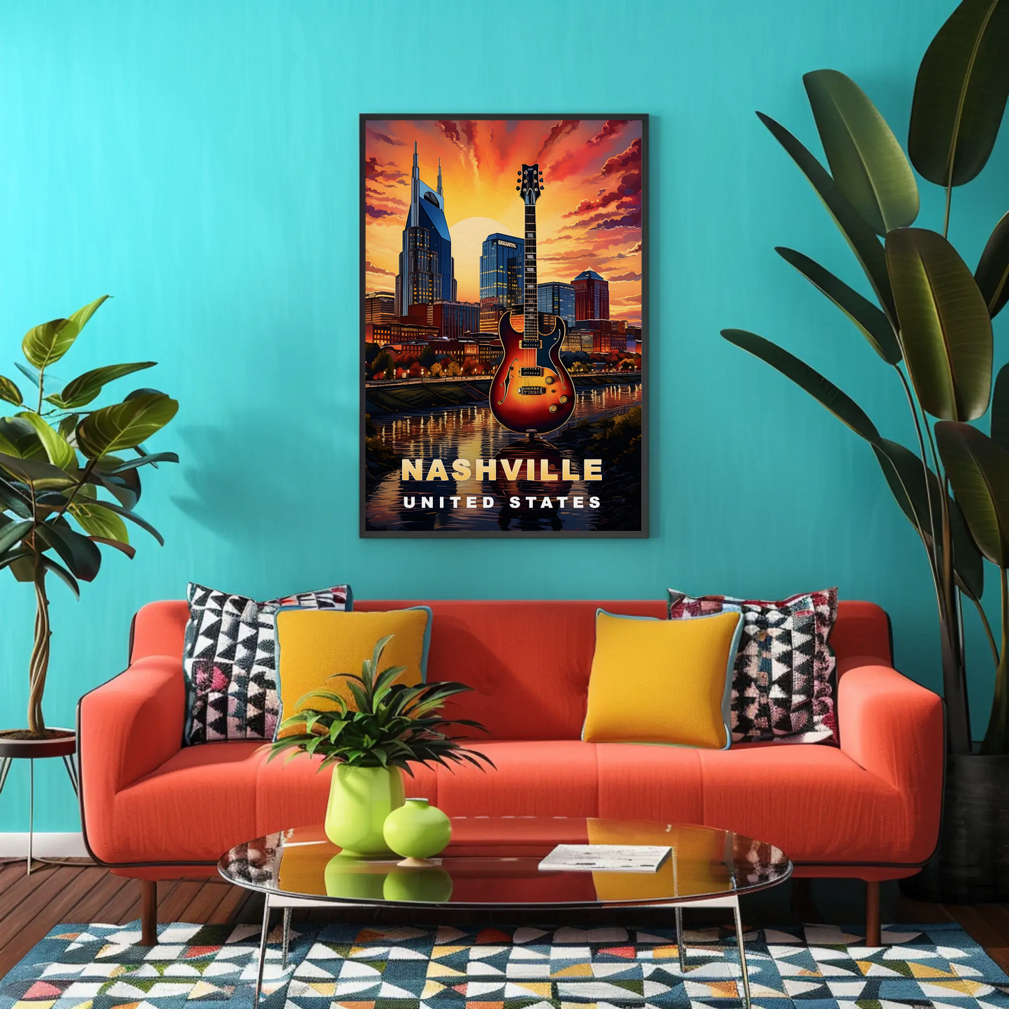 Nashville Tennessee Guitar Sunset Skyline Vintage Travel Poster