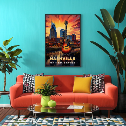 Nashville Tennessee Guitar Sunset Skyline Vintage Travel Poster