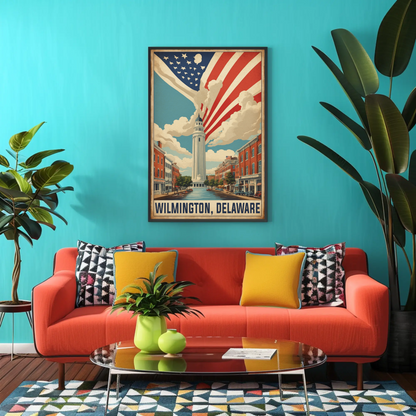 Wilmington Delaware Tower And Flag Streetscape Vintage Travel Poster