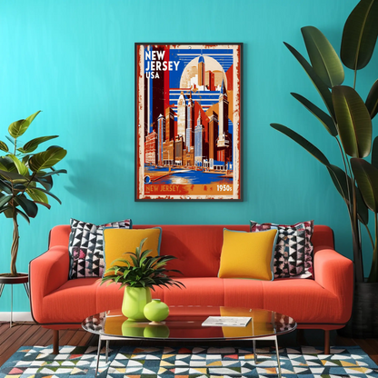 New Jersey USA 1950s Waterfront Skyline Vintage Travel Poster