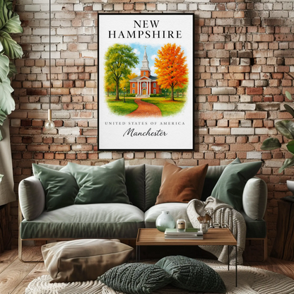 Manchester New Hampshire Historic Brick Church Autumn Travel Poster Travel Poster