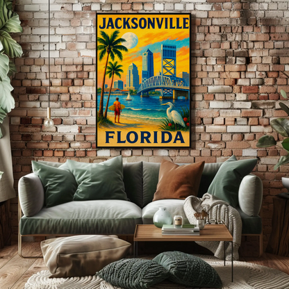 Jacksonville Florida Surfer Bridge Skyline Sunset Travel Poster