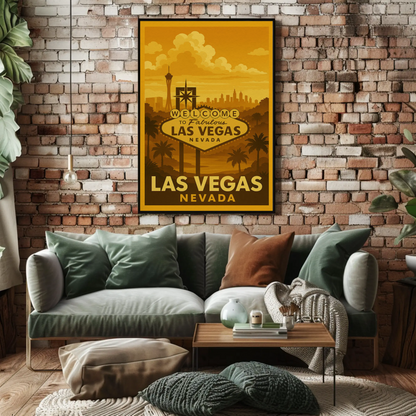 Golden Las Vegas Skyline Welcome Sign Retro Poster