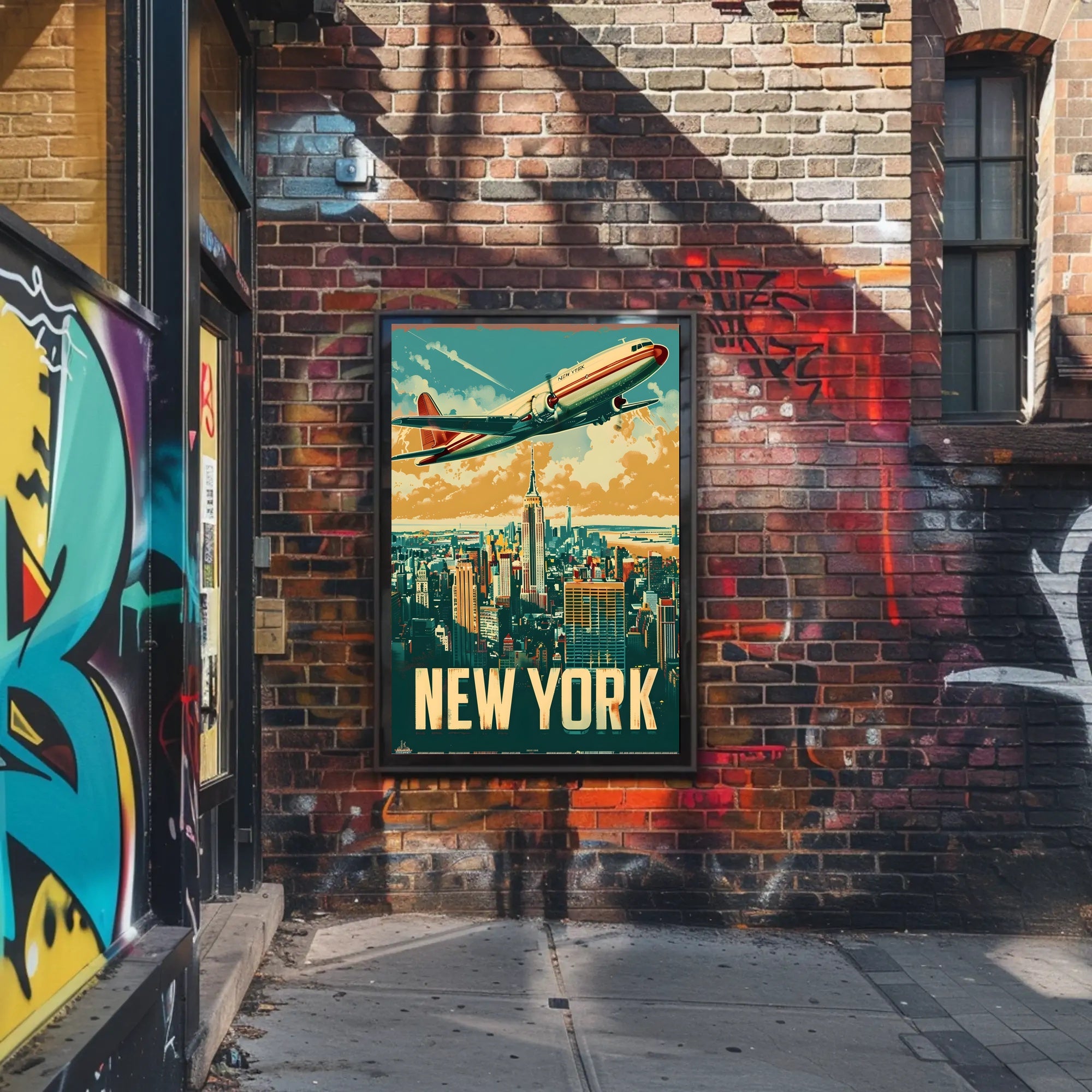 New York Skyline with Airplane Travel Poster