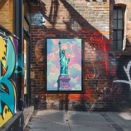 The poster features an artistic depiction of the Statue of Liberty, a symbol Travel Poster
