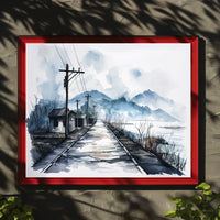 Serene Watercolor Rural Landscape with Misty Mountains