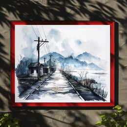 Serene Watercolor Rural Landscape with Misty Mountains
