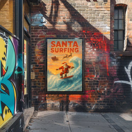 Santa Surfing Vintage Christmas Beach Poster