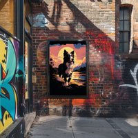Running Dog at Sunset Shoreline Animal Poster