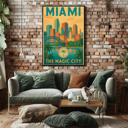Miami Magic City Vintage Skyline Travel Poster