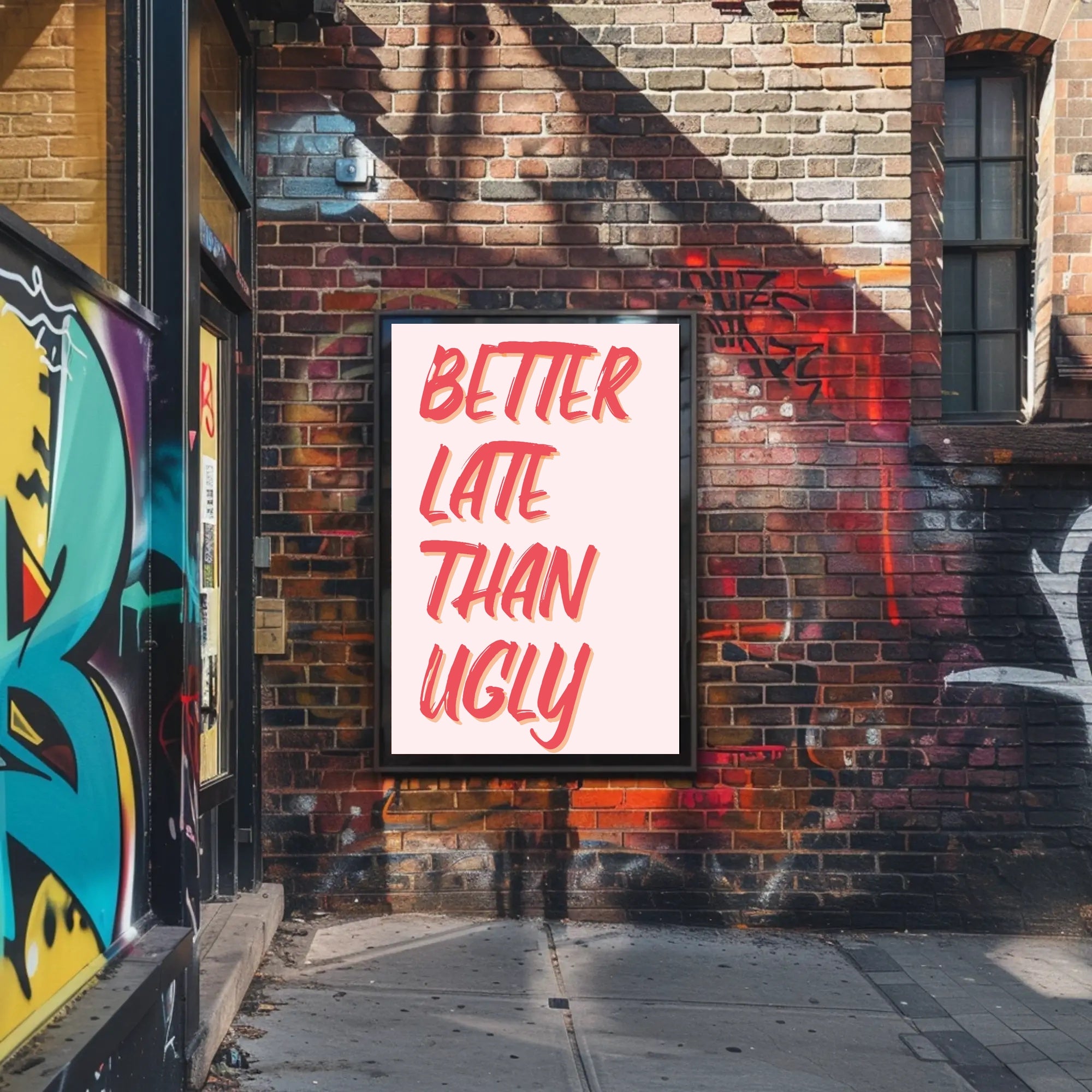 Better Late Than Ugly Motivational Quote Poster PosterGoat