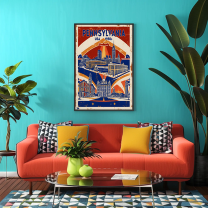 Pennsylvania USA 1950s Monument Skyline Vintage Travel Poster