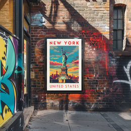 Statue Of Liberty New York Skyline Poster Retro Wall Art