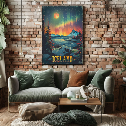 Iceland Aurora Borealis Winter Scene Travel Poster