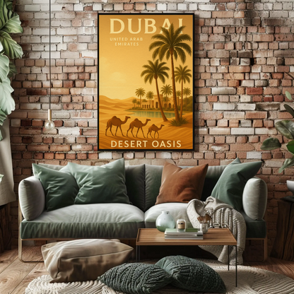 Dubai Desert Oasis Camels Palms Sunset Poster