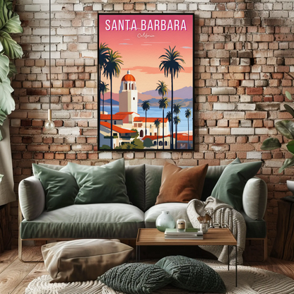 Santa Barbara California Palm Coast Sunset Travel Poster
