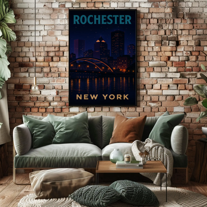 Rochester New York Night Skyline River Lights Travel Poster Travel Poster