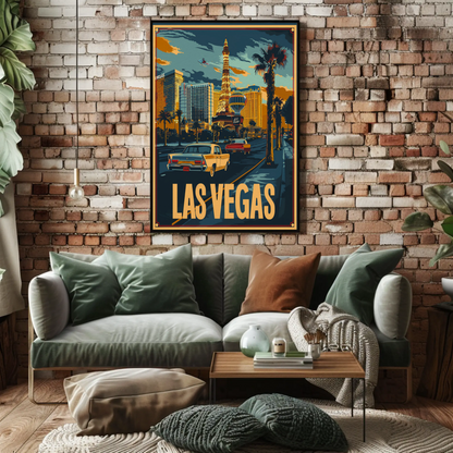Las Vegas Neon Strip Vintage Cars Skyline Travel Poster