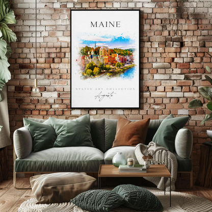Maine Augusta Skyline Watercolor States Collection Poster