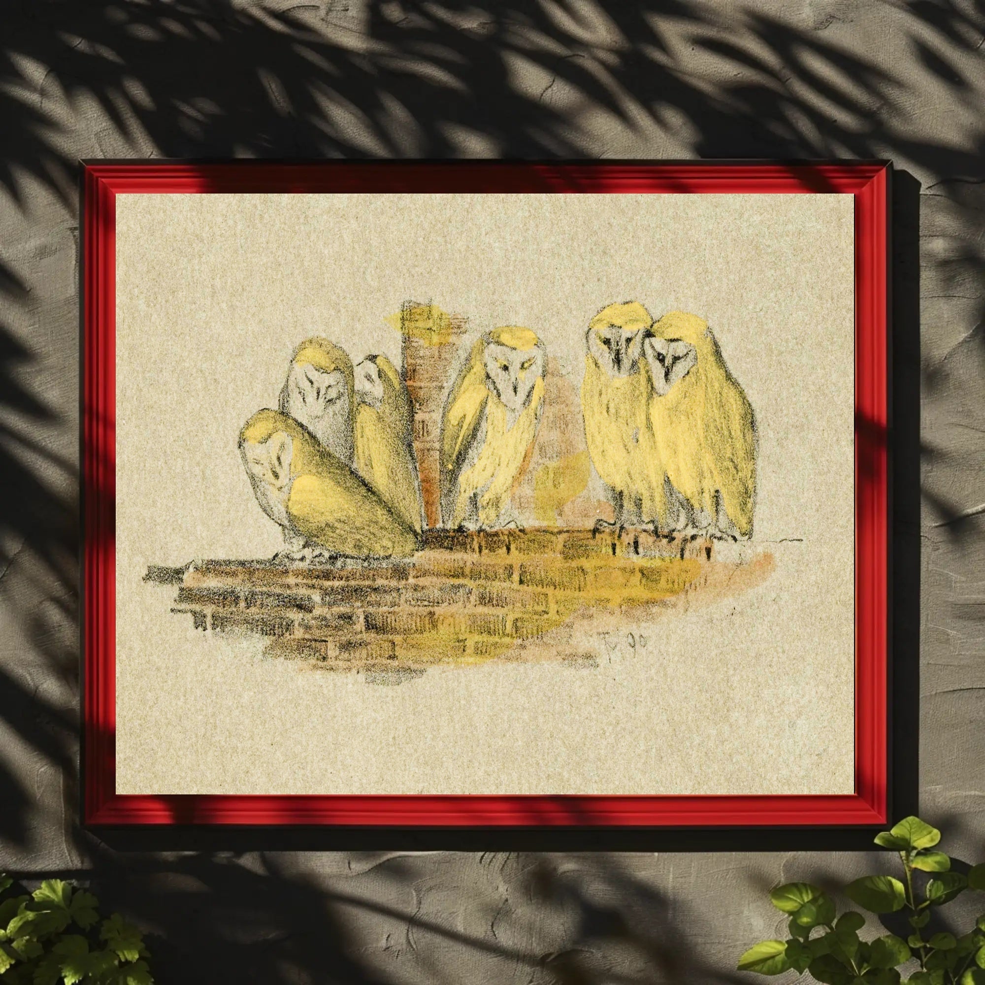 Owls on Rustic Ledge Vintage Animal Poster