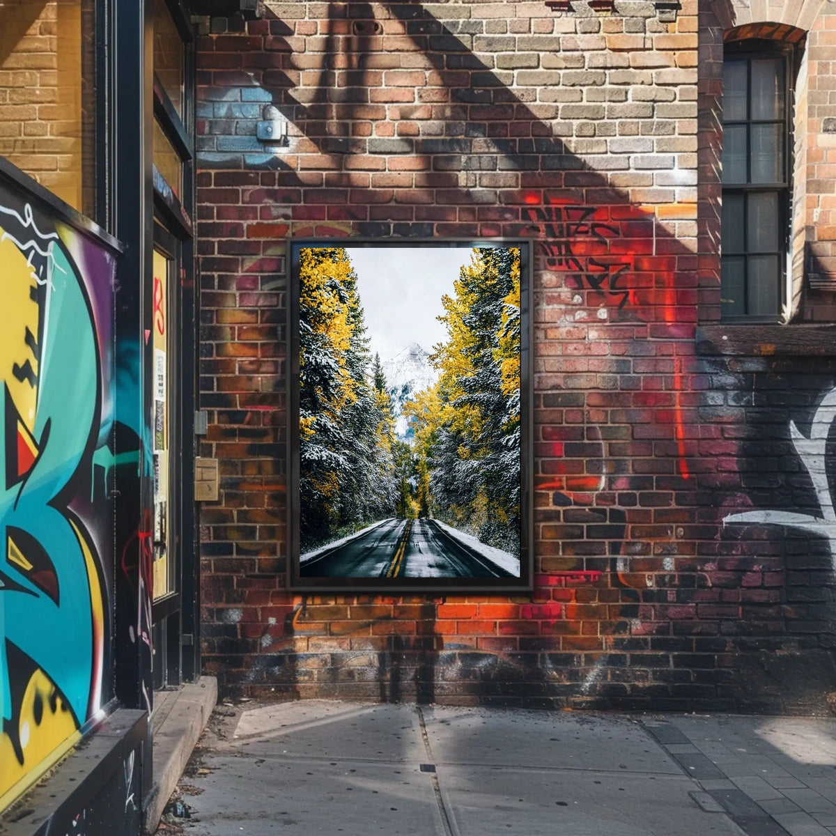Autumnal Forest Road with Snow-Capped Mountain Poster