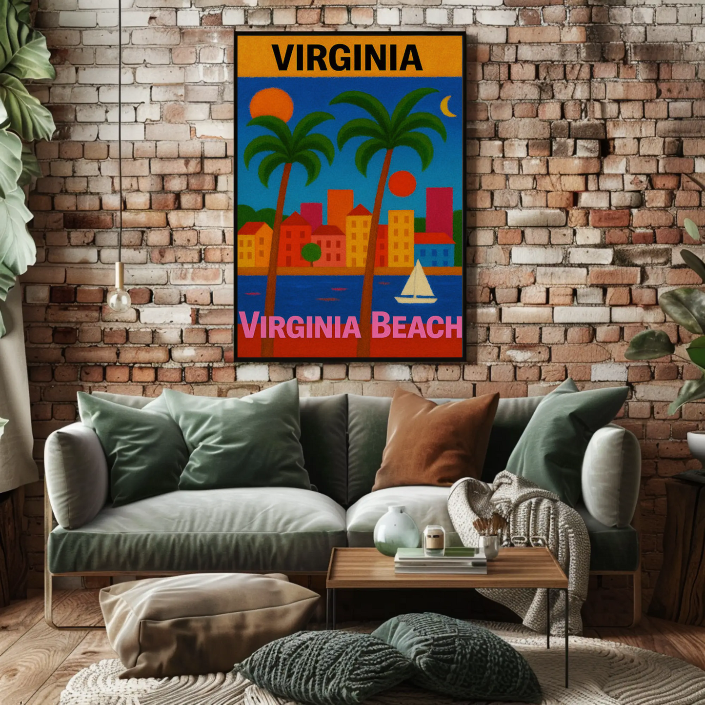 Virginia Beach Colorful Palms Cityscape Sunset Travel Poster