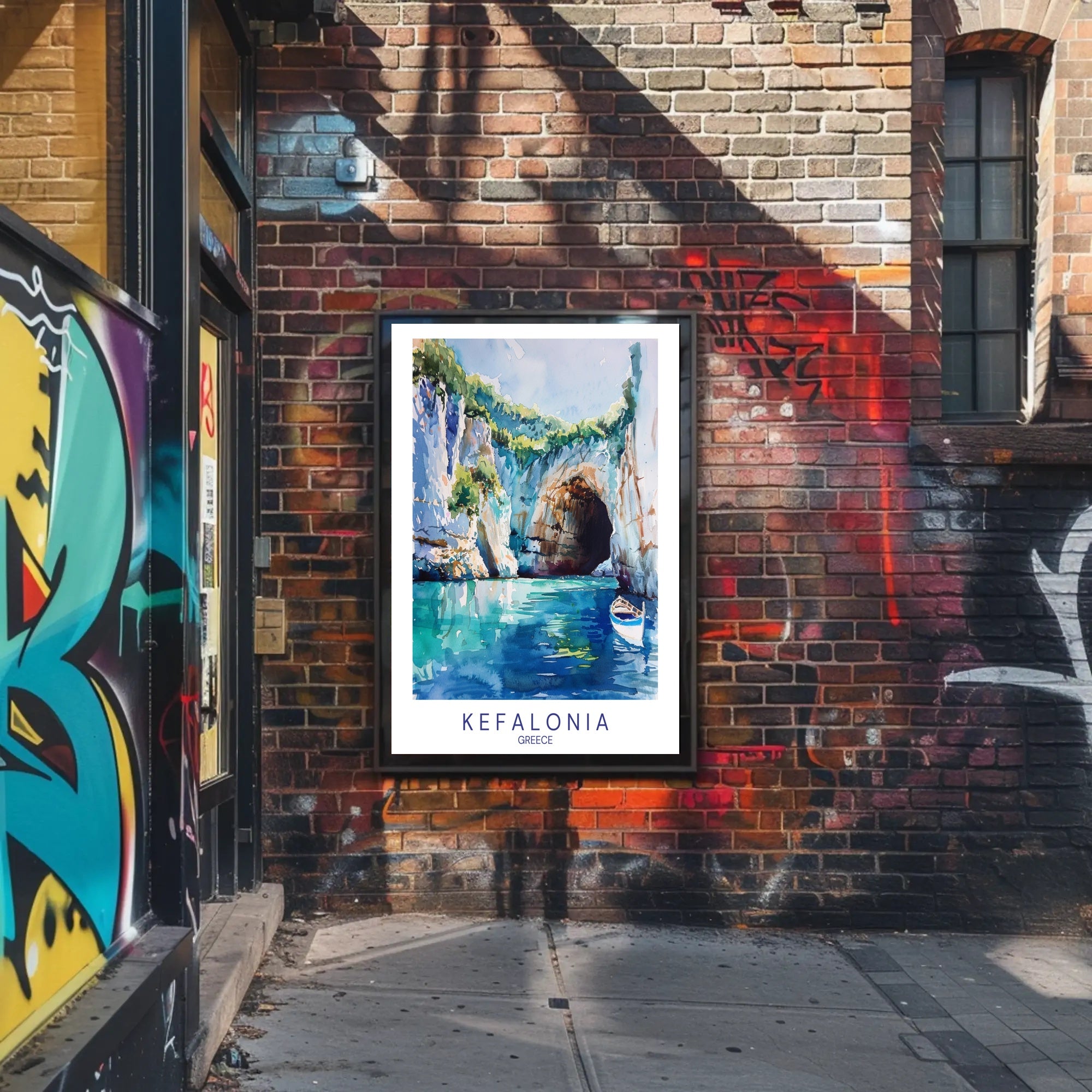 Vibrant Kefalonia Coastal Scene Watercolor - Travel Poster PosterGoat